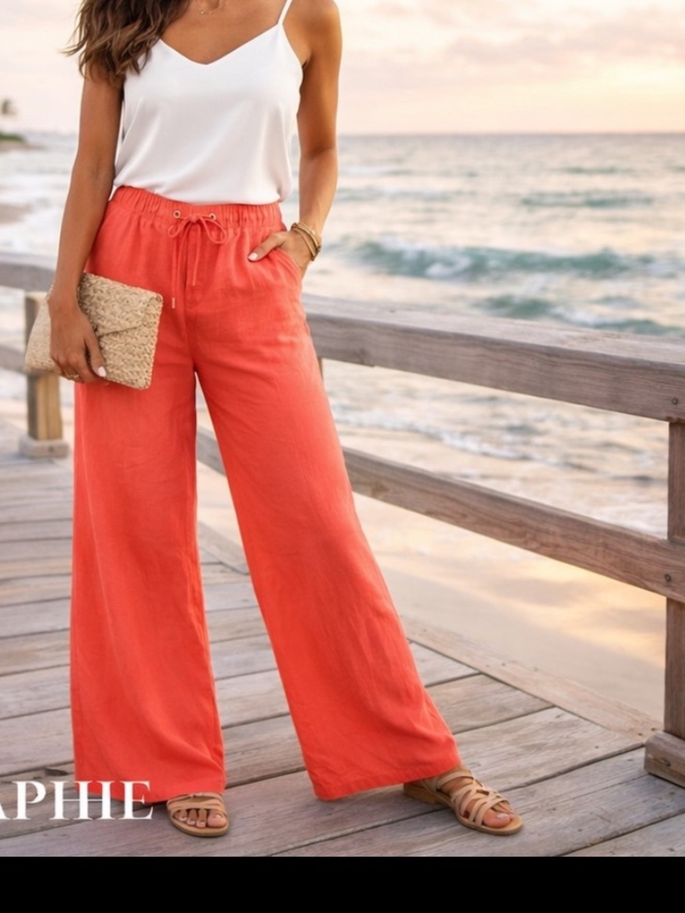 Anthro’s Calligraphie Coral Linen Wide-Leg Pant,Drawstring Elastic-Waist ,Size L